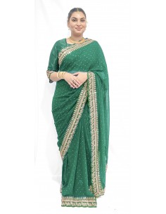 Sari indien Saaniya prêt à porter vert et doré  - 2