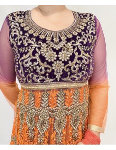 Robe indienne anarkali violet et orange  - 1 2