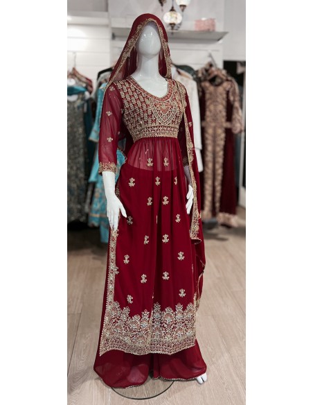 ensemble pakistanais bordeaux et strass argenté  - 1