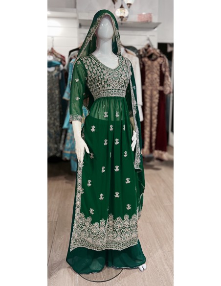 ensemble pakistanais vert et strass argenté  - 1