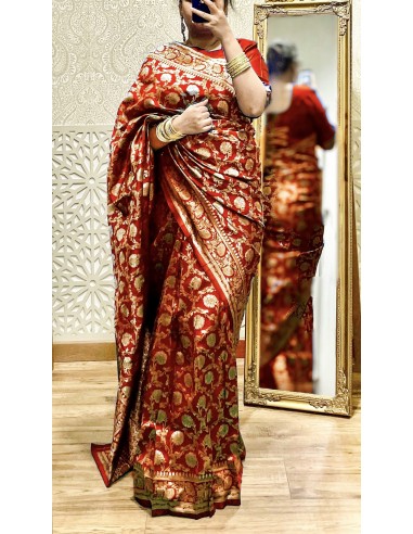 Sari indien prêt a porter aloka soie silk Rouge  - 3