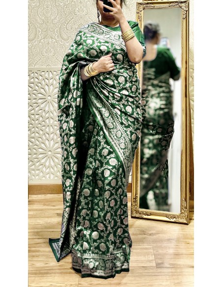Sari indien prêt a porter aloka soie silk Vert  - 3