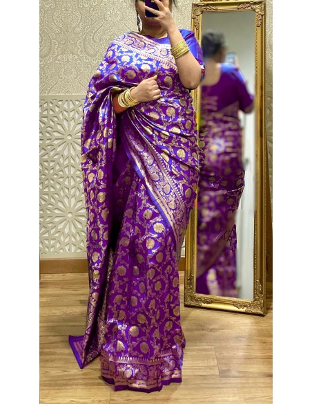 Sari indien prêt a porter aloka soie silk Violet  - 3