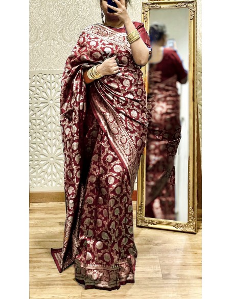 Sari indien prêt a porter aloka soie silk rouge bordeaux  - 3