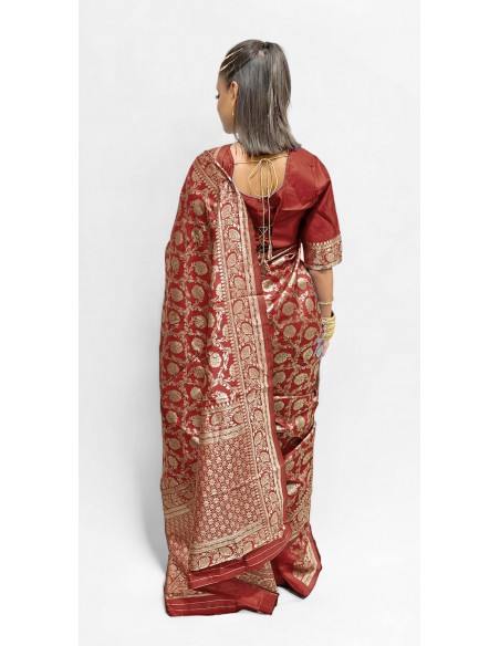 Sari indien prêt a porter aloka soie silk rouge bordeaux  - 2
