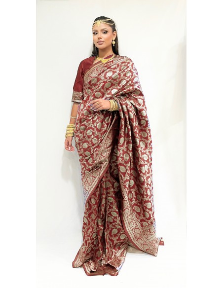 Sari indien prêt a porter aloka soie silk rouge bordeaux  - 1