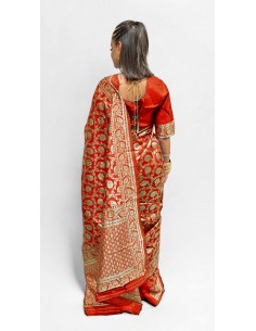 Sari indien prêt a porter aloka soie silk Rouge  - 1 2