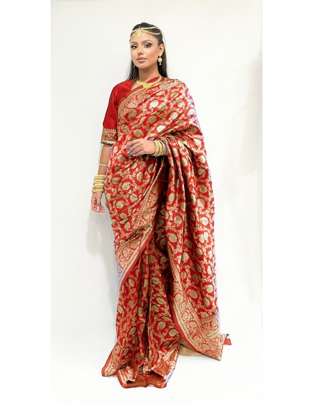 Sari indien prêt a porter aloka soie silk Rouge  - 1