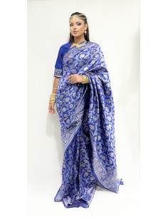 Sari indien prêt a porter aloka soie silk Bleu  - 1