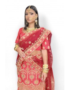 Lehenga choli Sari Aisha rouge Bordeaux et or  - 1 2