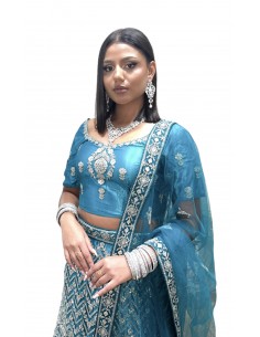 Lehenga choli Sari Aisha Bleu et argente  - 1 2