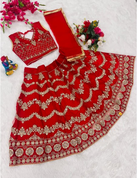 Lehenga choli sari fille enfant Amrita doré Rouge  - 1