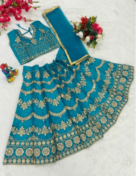 Lehenga choli sari fille enfant Amrita doré Bleu Turquoise  - 1