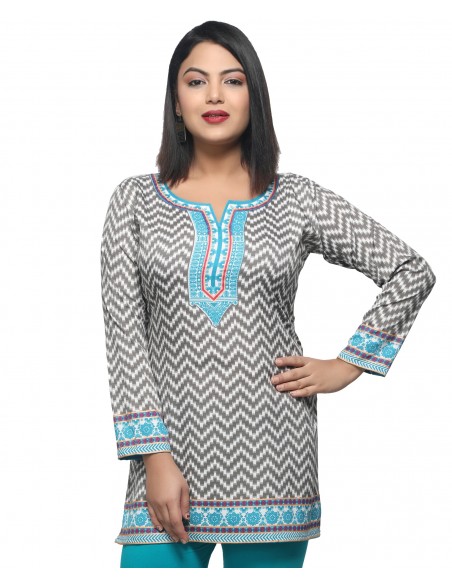 Tunique indienne ethnique kurti bohème Gris bleu vert A23  - 2