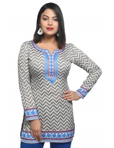 Tunique indienne ethnique kurti bohème Gris Bleu A23  - 1 2
