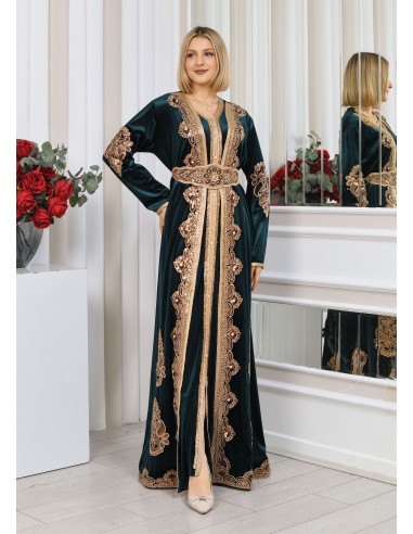 Caftan velours marocain Dore robe oriental Chic moderne Luxe DC23  - 5