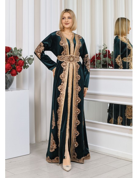 Caftan velours marocain Dore robe oriental Chic moderne Luxe Rouge