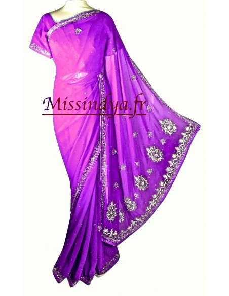 Sari indien violet et argenté Pavita  - 1