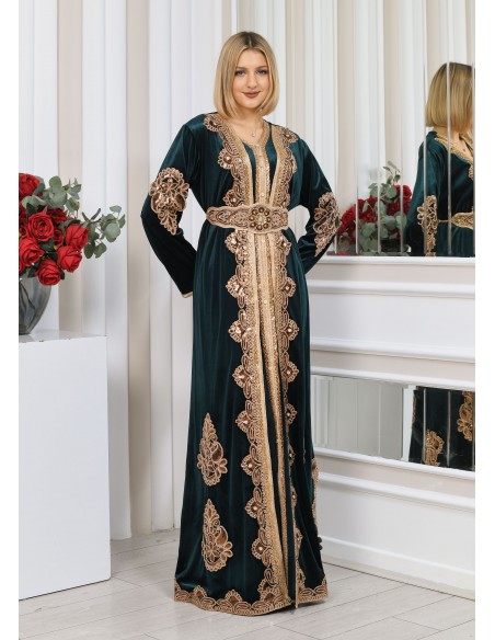 Caftan velours marocain Dore robe oriental Chic moderne Luxe DC23  - 4