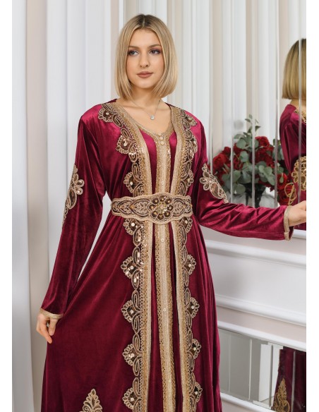 Caftan velours marocain Dore robe oriental Chic moderne Luxe Rouge DC23  - 2