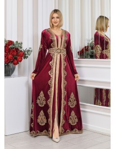 Caftan velours marocain Dore robe oriental Chic moderne Luxe Rouge DC23  - 1