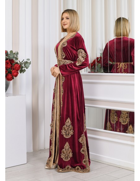 Caftan velours marocain Dore robe oriental Chic moderne Luxe Rouge DC23  - 5