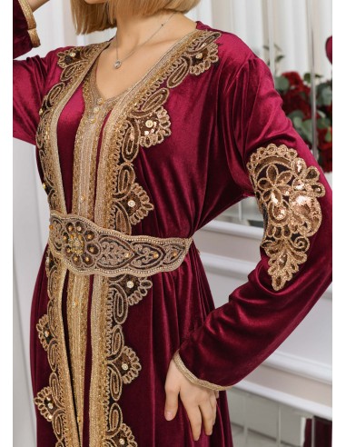 Caftan velours marocain Dore robe oriental Chic moderne Luxe Rouge DC23  - 3