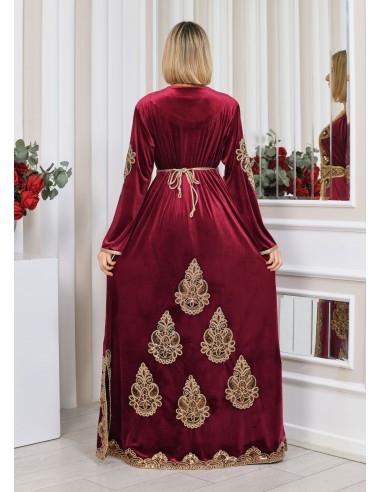 Caftan velours marocain Dore robe oriental Chic moderne Luxe Rouge DC23  - 4