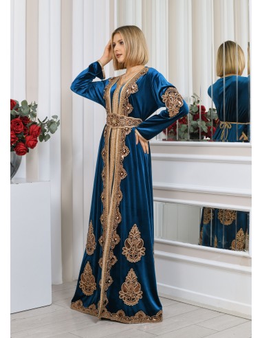 Caftan velours marocain Dore robe oriental Chic moderne Luxe Bleu DC23  - 2