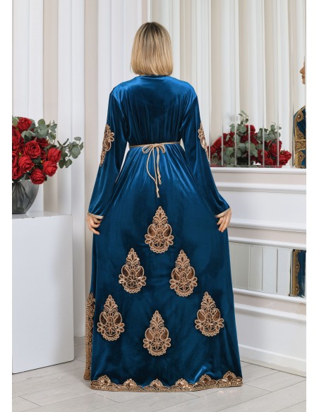 Caftan velours marocain Dore robe oriental Chic moderne Luxe Bleu DC23  - 4