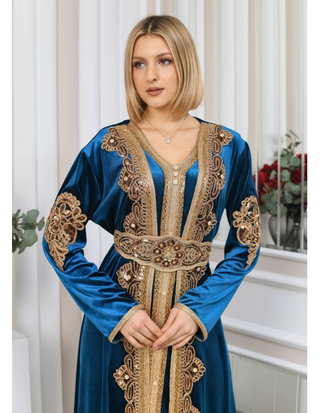 Caftan velours marocain Dore robe oriental Chic moderne Luxe Bleu DC23  - 3