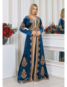 Caftan velours marocain Dore robe oriental Chic moderne Luxe Bleu DC23  - 1