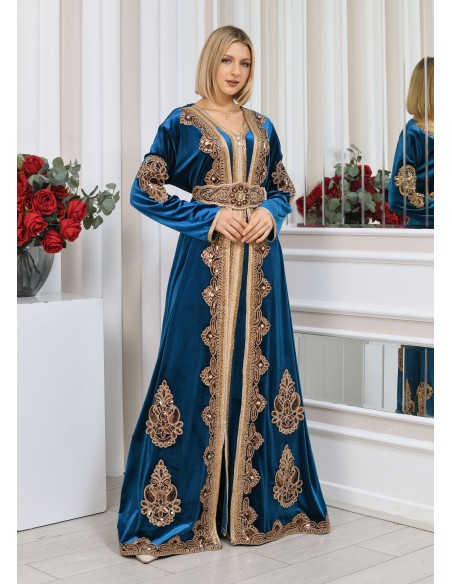 Caftan velours marocain Dore robe oriental Chic moderne Luxe Bleu DC23  - 1