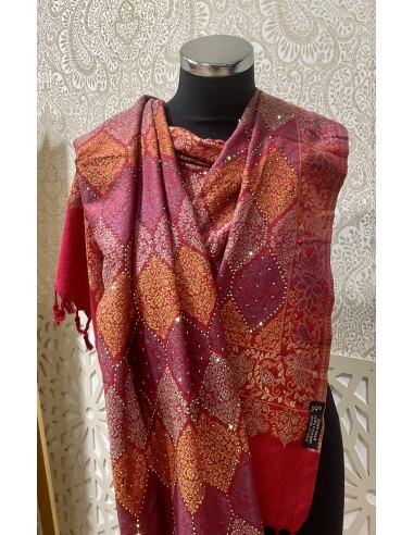 Pashmina Kashmir perle Echarpe haute gamme foulard rouge  - 2