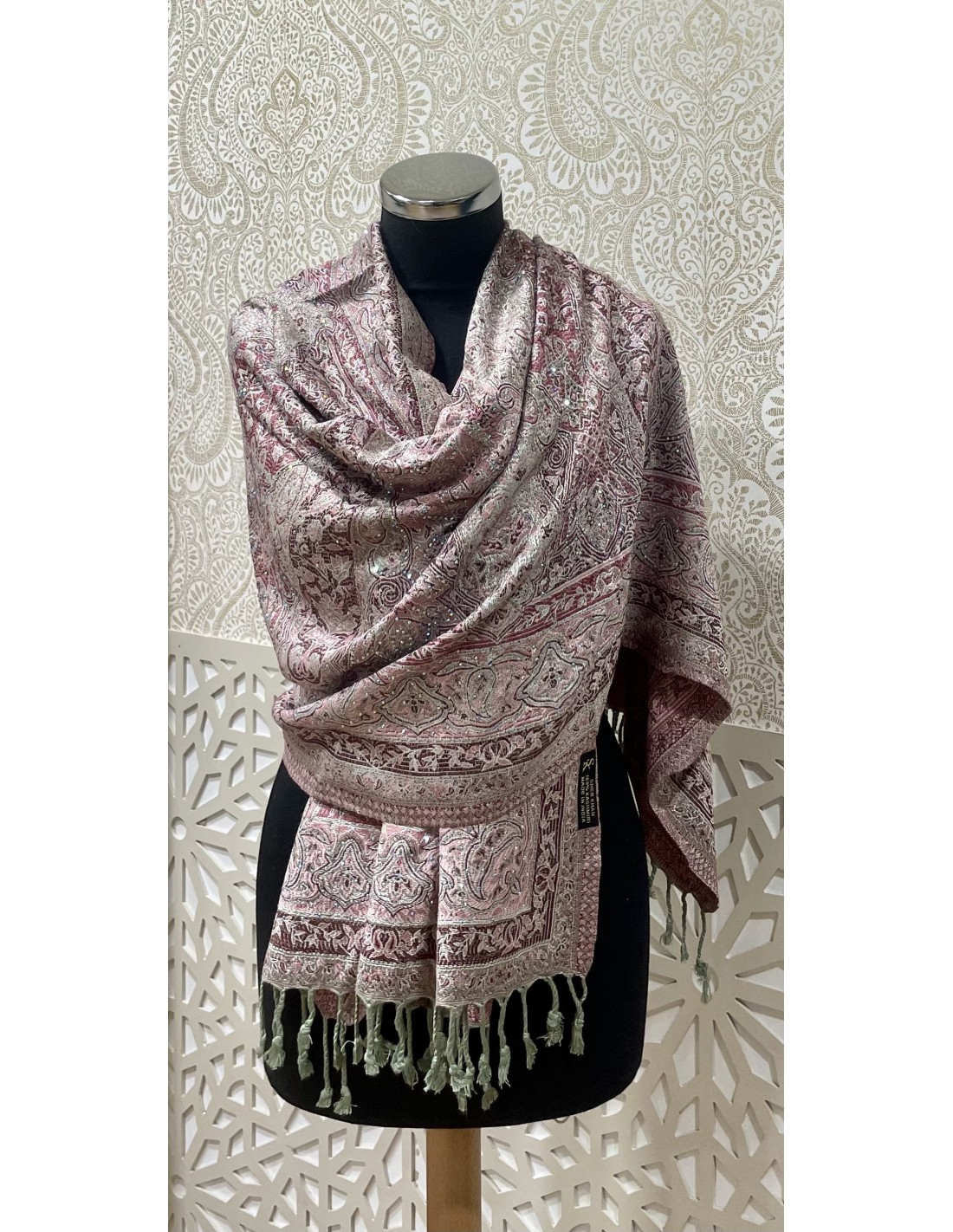 Pashmina Kashmir perle Echarpe haute gamme foulard Gris rose Bazar