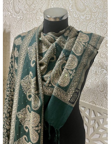 Pashmina Kashmir perle Echarpe haute gamme foulard Vert  - 1