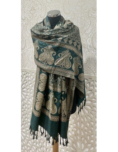 Pashmina Kashmir perle Echarpe haute gamme foulard Vert  - 2