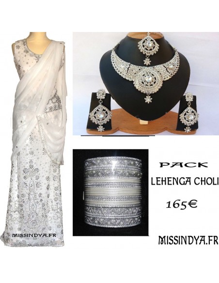 Pack Mariée Lahenga BLANC Perlé dhamak Lehenga choli (ensemble jupe...