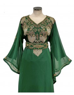 Robe de Dubai farasha oriental manches évasée Vert dore  - 1 2
