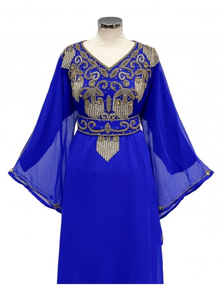 Robe de Dubai farasha oriental manches évasée bleu royal dore  - 1