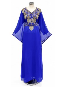 Robe de Dubai farasha oriental manches évasée bleu royal dore  - 2