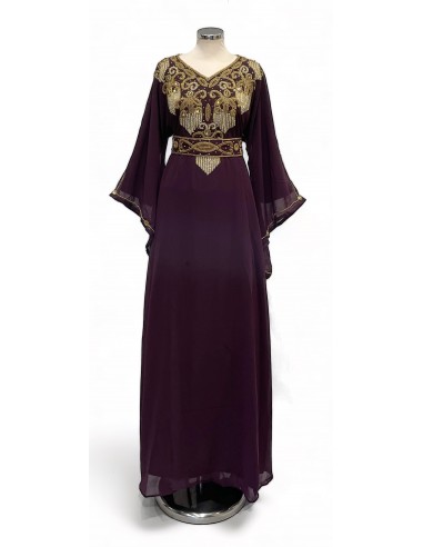 Robe de Dubai farasha oriental manches évasée prune dore  - 1