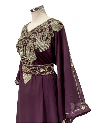 Robe de Dubai farasha oriental manches évasée prune dore  - 2