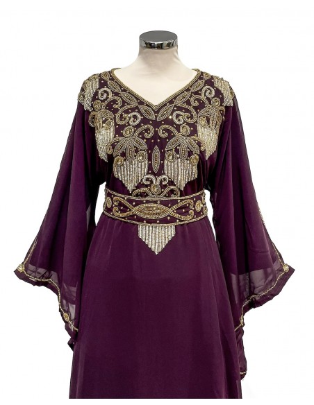 Robe de Dubai farasha oriental manches évasée prune dore  - 3