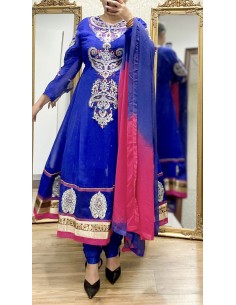 Robe indienne anarkali bleu et rose  - 1