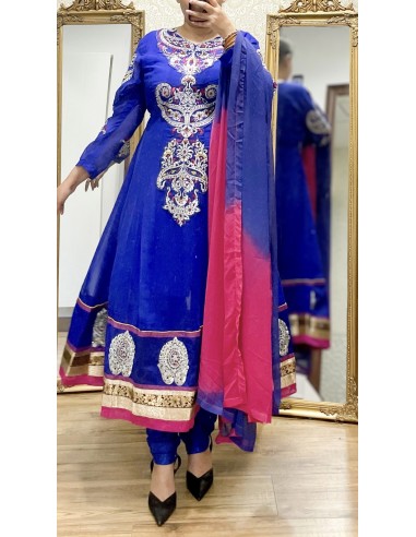 Robe indienne anarkali bleu et rose  - 1