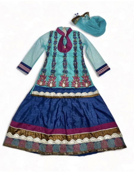 ensemble indienne jupe enfant fille pas cher Bleu turquoise Deepa  - 5