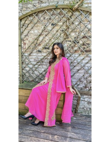 ensemble robe longue/ pantalon rose indien et strass or  - 1