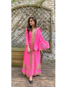 ensemble robe longue/ pantalon rose indien et strass or  - 1