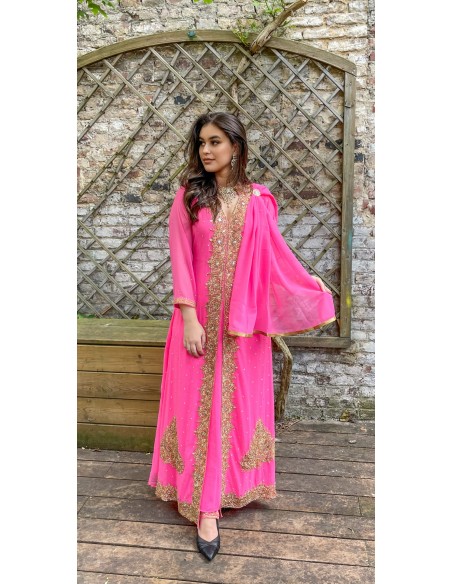 ensemble robe longue/ pantalon rose indien et strass or  - 2